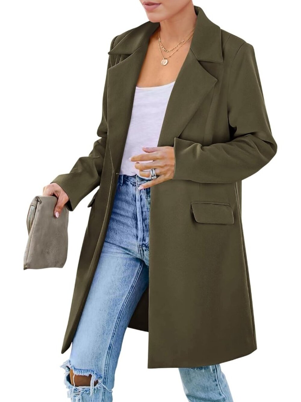 Women's Army Green Mid-Length Padded Shoulder Loose Fit Fall Blazer Trench Coat